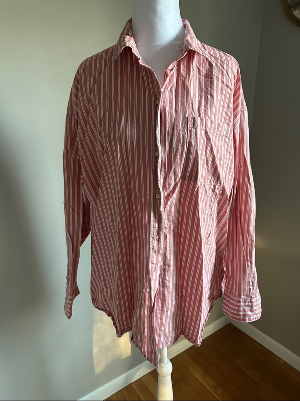 Old Navy “The Boyfriend Shirt” Coral/White Stripe, 100% Cotton, Oversized Sz M